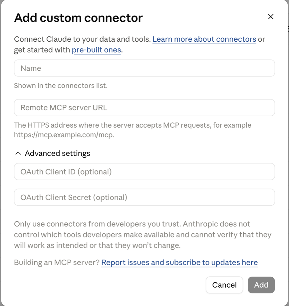 Claude's Add custom connector dialog with the OdooConsole MCP URL pasted into the remote server field